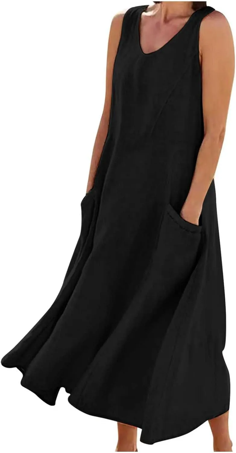 LEMONONSTORE Tank Dress for Women Retro Linen Summer Sleeveless Solid Casual Flowy Maxi Dresses Beach Sundress with Pockets
