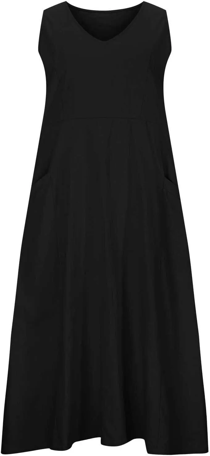 LEMONONSTORE Tank Dress for Women Retro Linen Summer Sleeveless Solid Casual Flowy Maxi Dresses Beach Sundress with Pockets