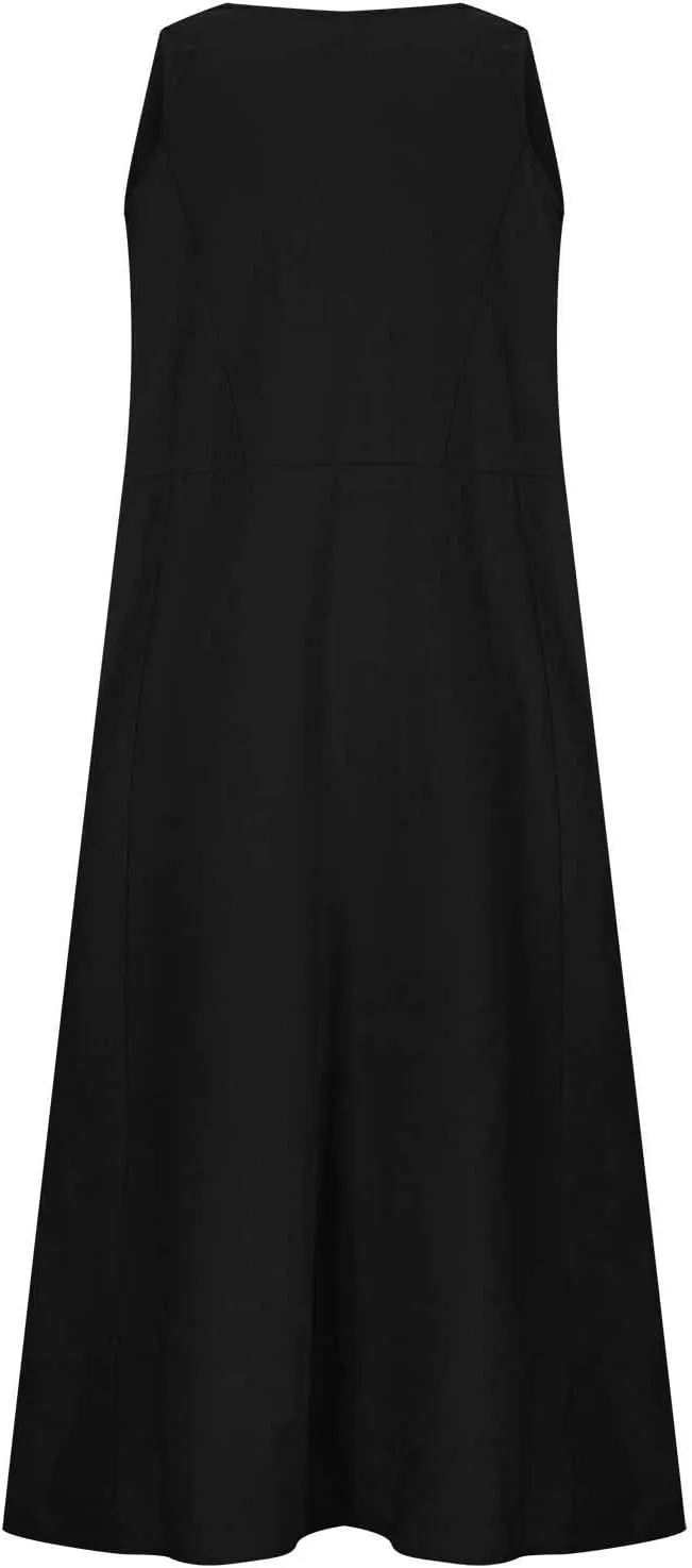 LEMONONSTORE Tank Dress for Women Retro Linen Summer Sleeveless Solid Casual Flowy Maxi Dresses Beach Sundress with Pockets