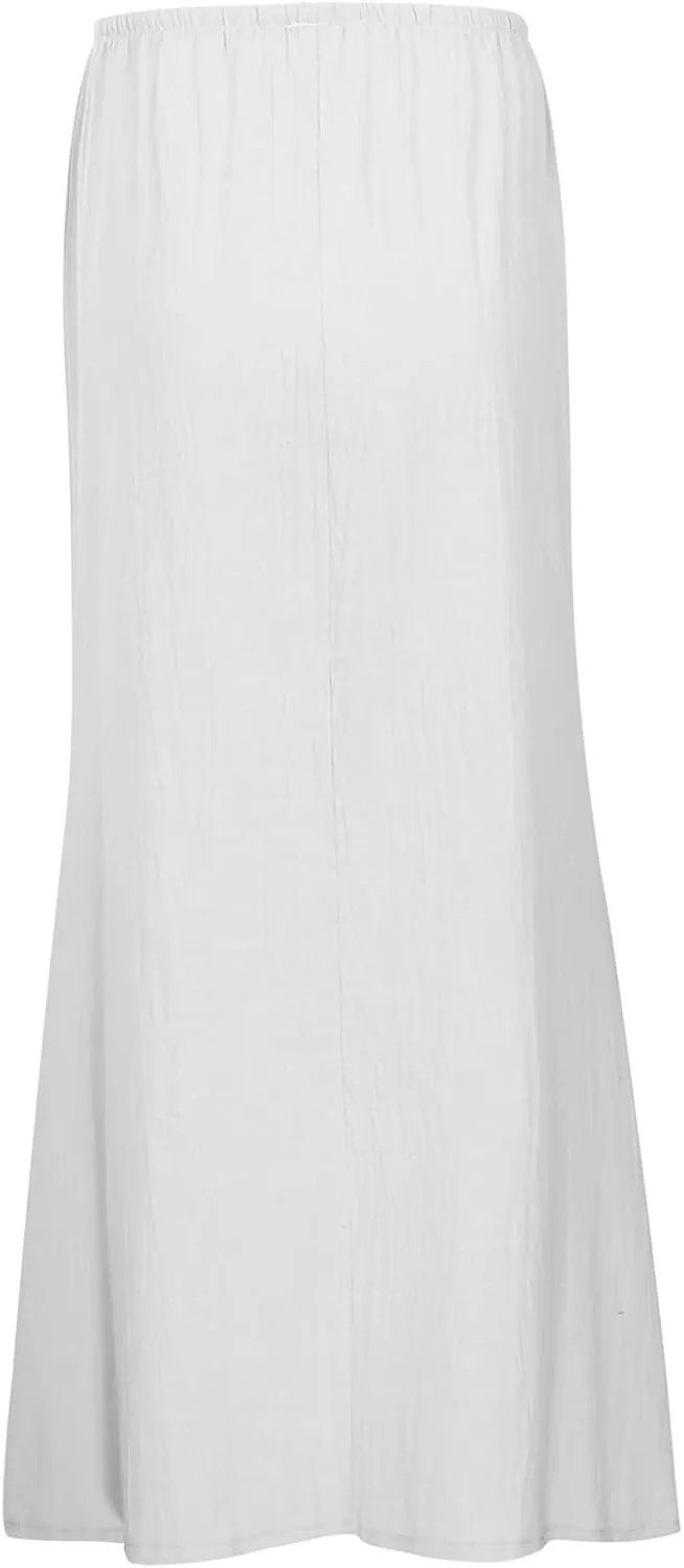 Linen Maxi Skirt Drawstring Waist A Line Long Flowy Skirts Floor Length Trendy Boho Comfy Summer Beach Vacation