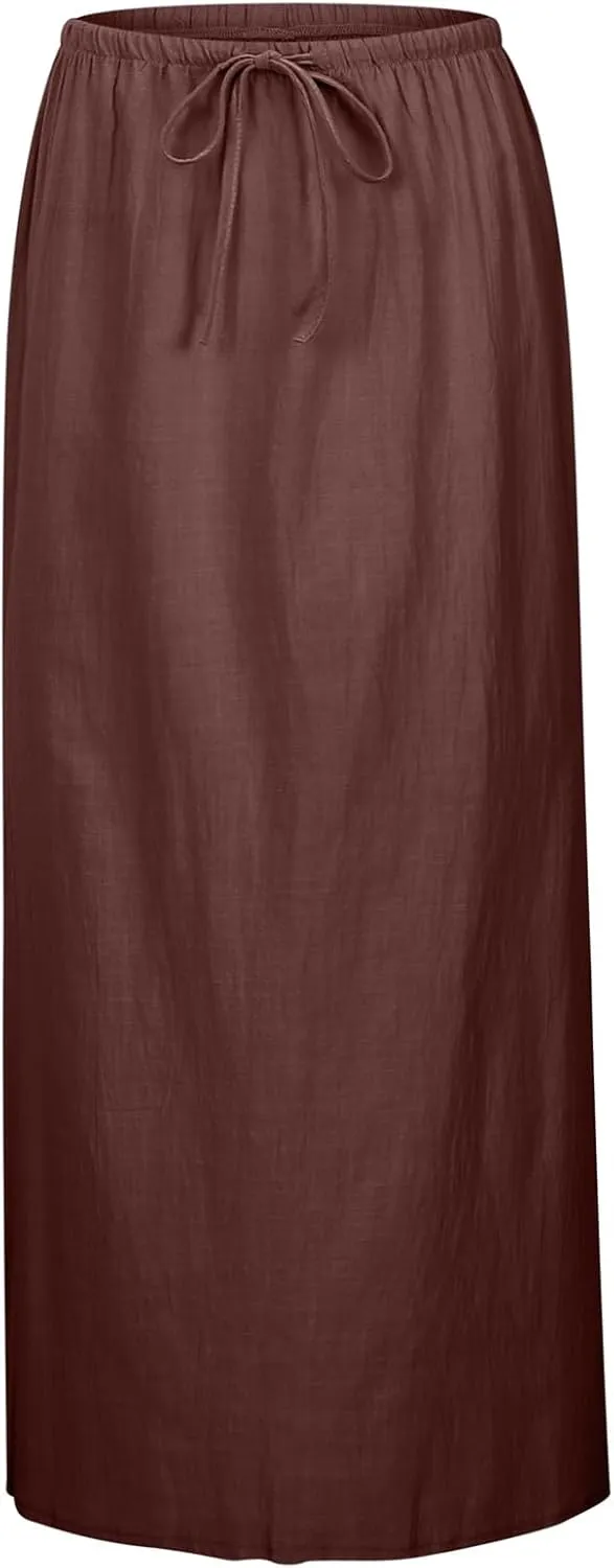 Linen Maxi Skirts for Women Trendy Summer Comfy Drawstring A Line Skirts Casual Beach Vacation Boho Flowy Long Skirts