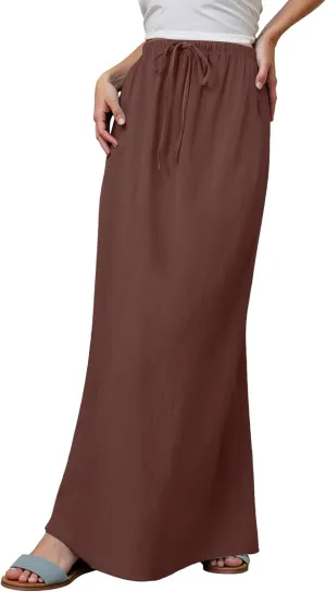 Linen Maxi Skirts for Women Trendy Summer Comfy Drawstring A Line Skirts Casual Beach Vacation Boho Flowy Long Skirts
