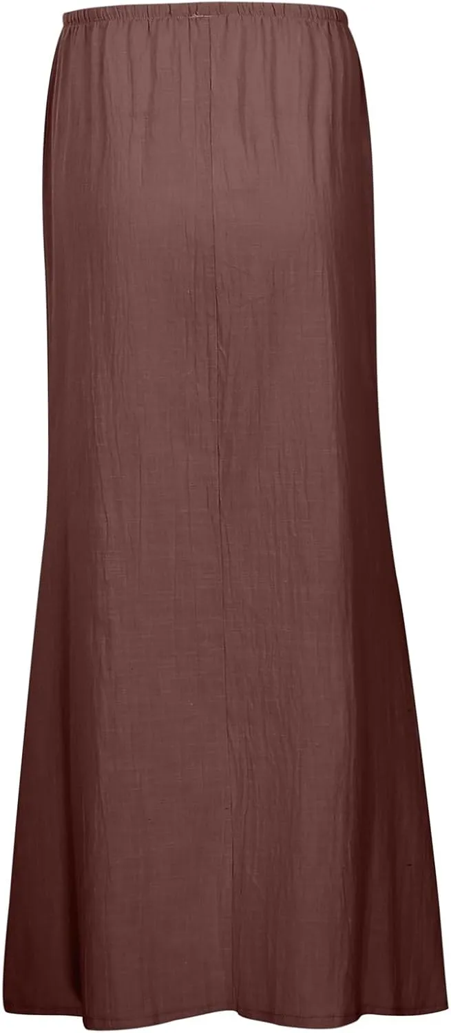 Linen Maxi Skirts for Women Trendy Summer Comfy Drawstring A Line Skirts Casual Beach Vacation Boho Flowy Long Skirts