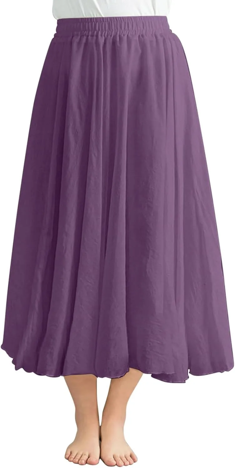 Linen Midi Skirts for Women 2025 Summer Trendy Solid High Waisted Skirt Casual Flowy Bohemian Beach Vacation Skirts
