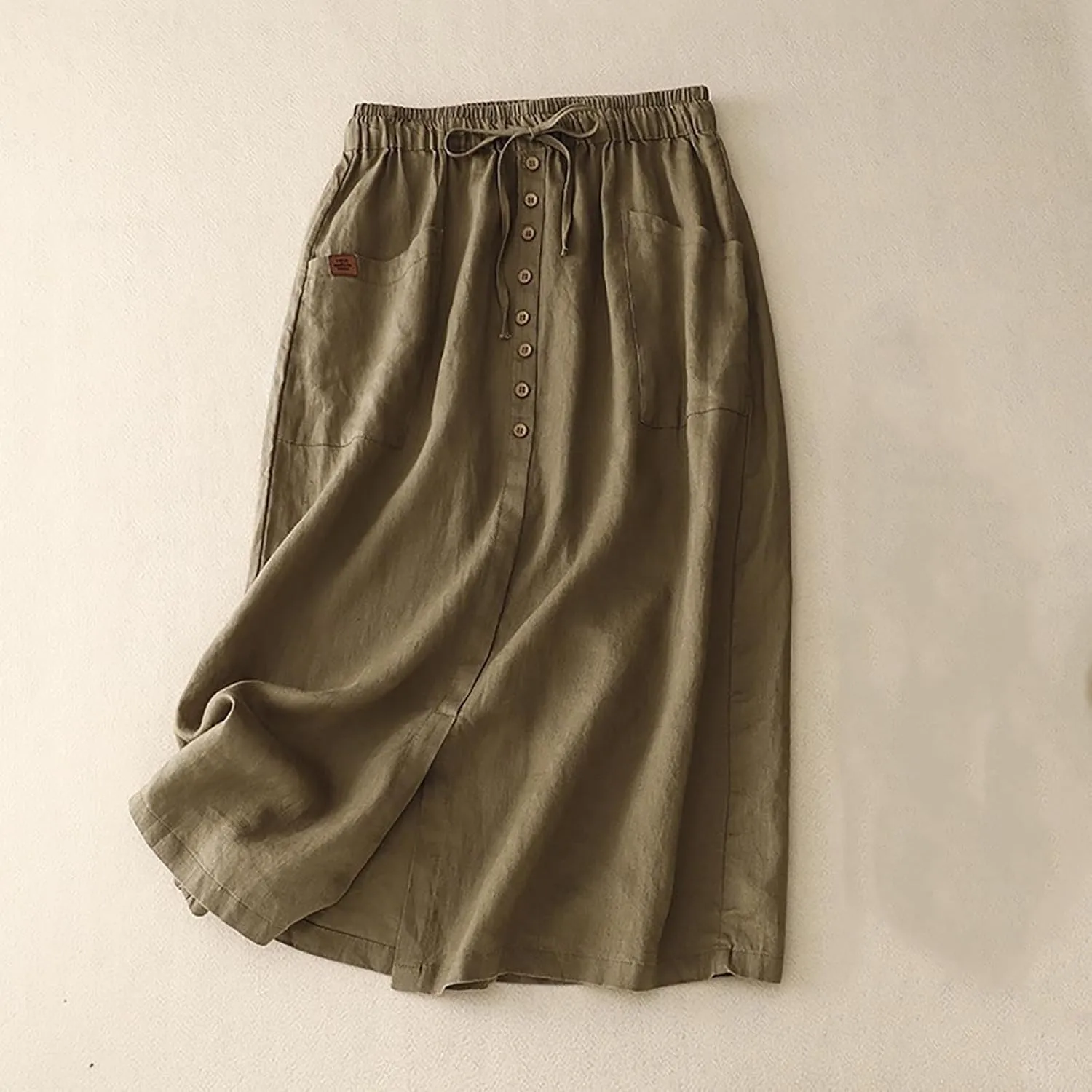 Linen Skirts for Women Summer Fashion Drawstring High Waist Button Skirt with Pockets Solid Loose Fit Holiday Skirts