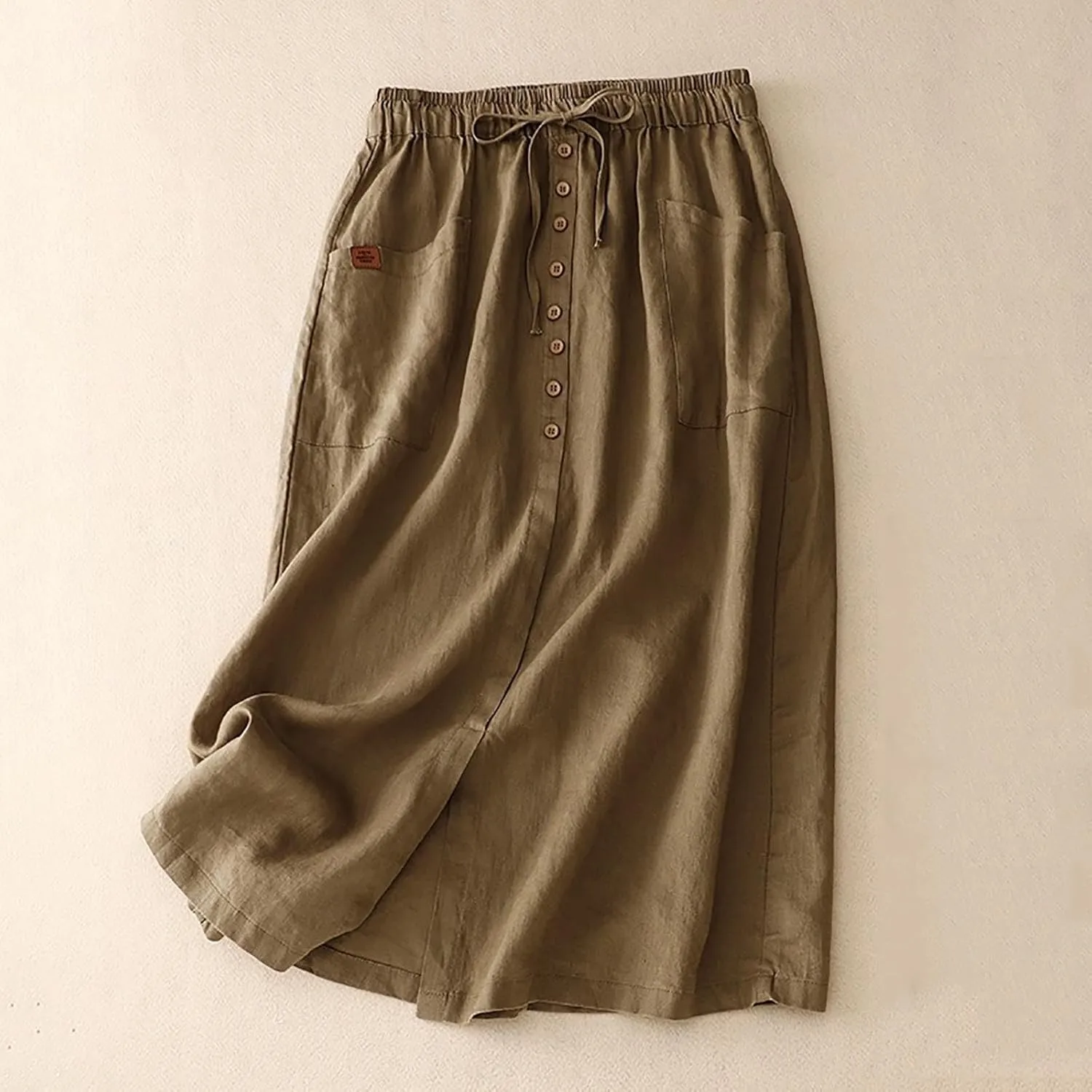 Linen Skirts for Women Summer Fashion Drawstring High Waist Button Skirt with Pockets Solid Loose Fit Holiday Skirts