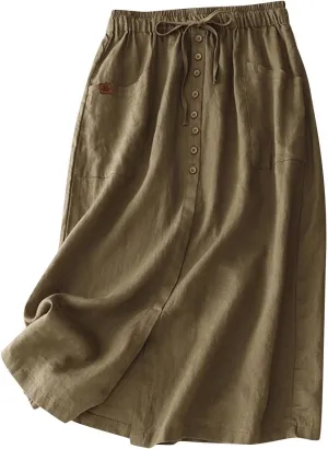 Linen Skirts for Women Summer Fashion Drawstring High Waist Button Skirt with Pockets Solid Loose Fit Holiday Skirts
