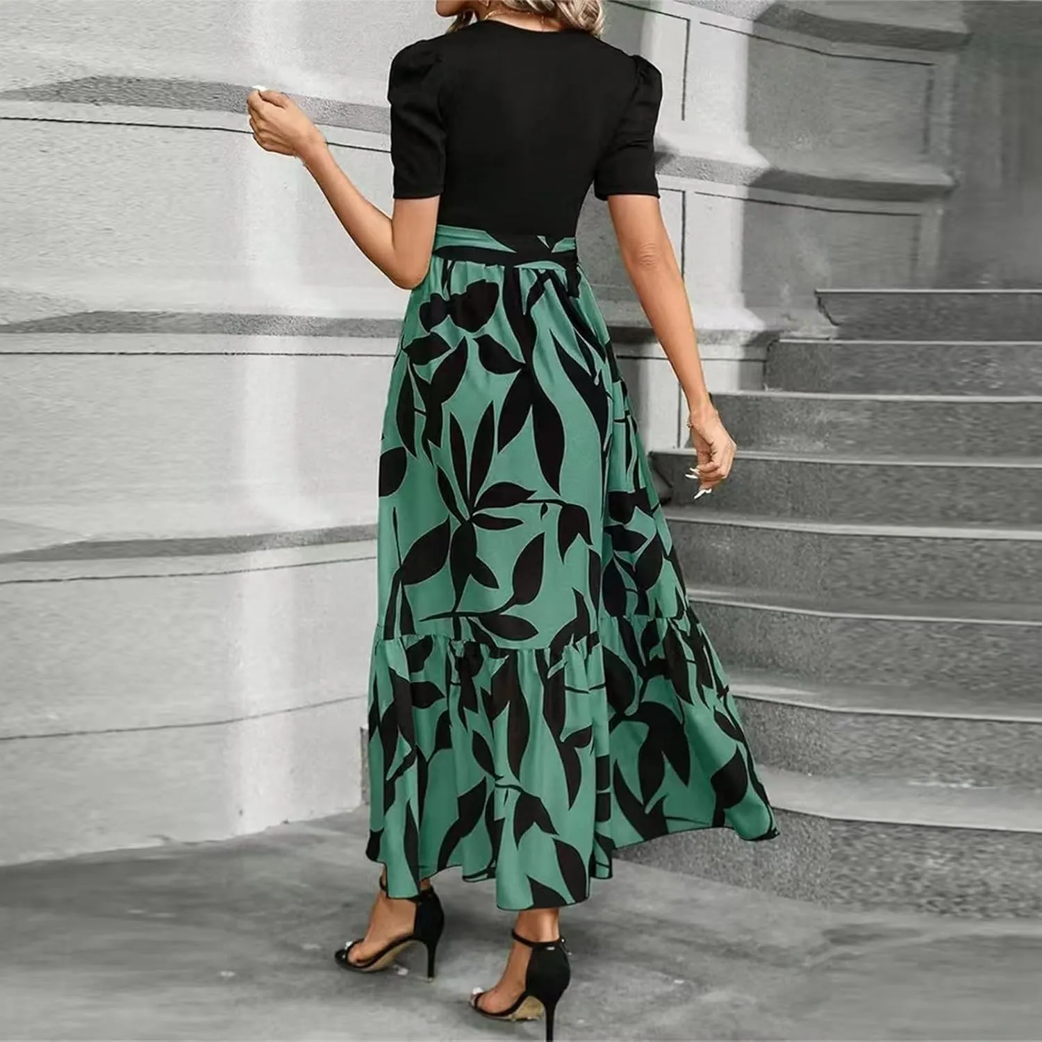 Long Floral Dresses for Women 2025 Elegant Tie Waist Maxi Dress Patchwork Short Sleeve Modest Flowy A Line Dress