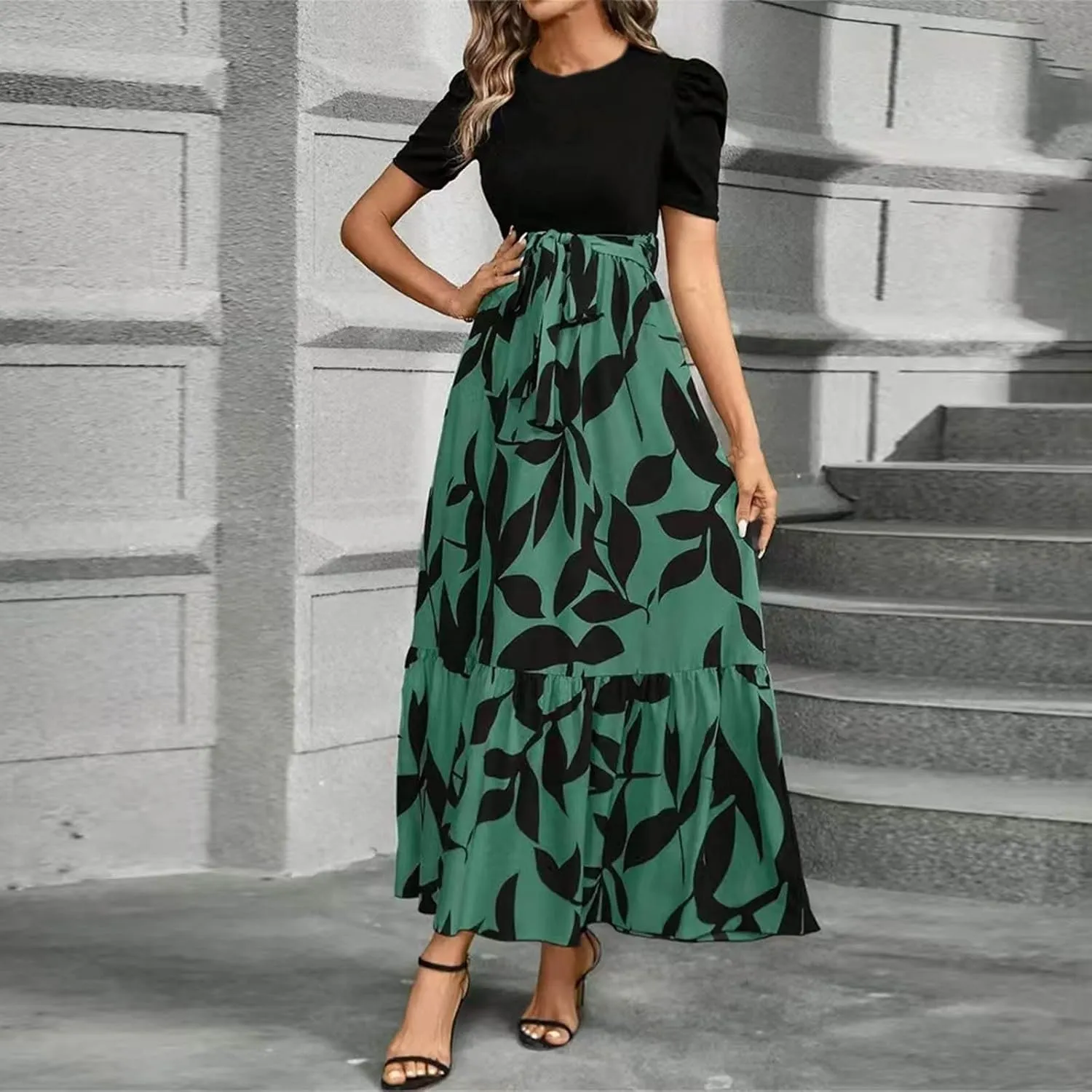 Long Floral Dresses for Women 2025 Elegant Tie Waist Maxi Dress Patchwork Short Sleeve Modest Flowy A Line Dress