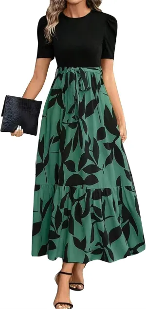Long Floral Dresses for Women 2025 Elegant Tie Waist Maxi Dress Patchwork Short Sleeve Modest Flowy A Line Dress