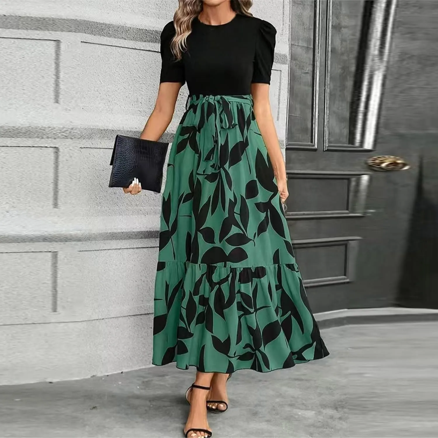 Long Floral Dresses for Women 2025 Elegant Tie Waist Maxi Dress Patchwork Short Sleeve Modest Flowy A Line Dress