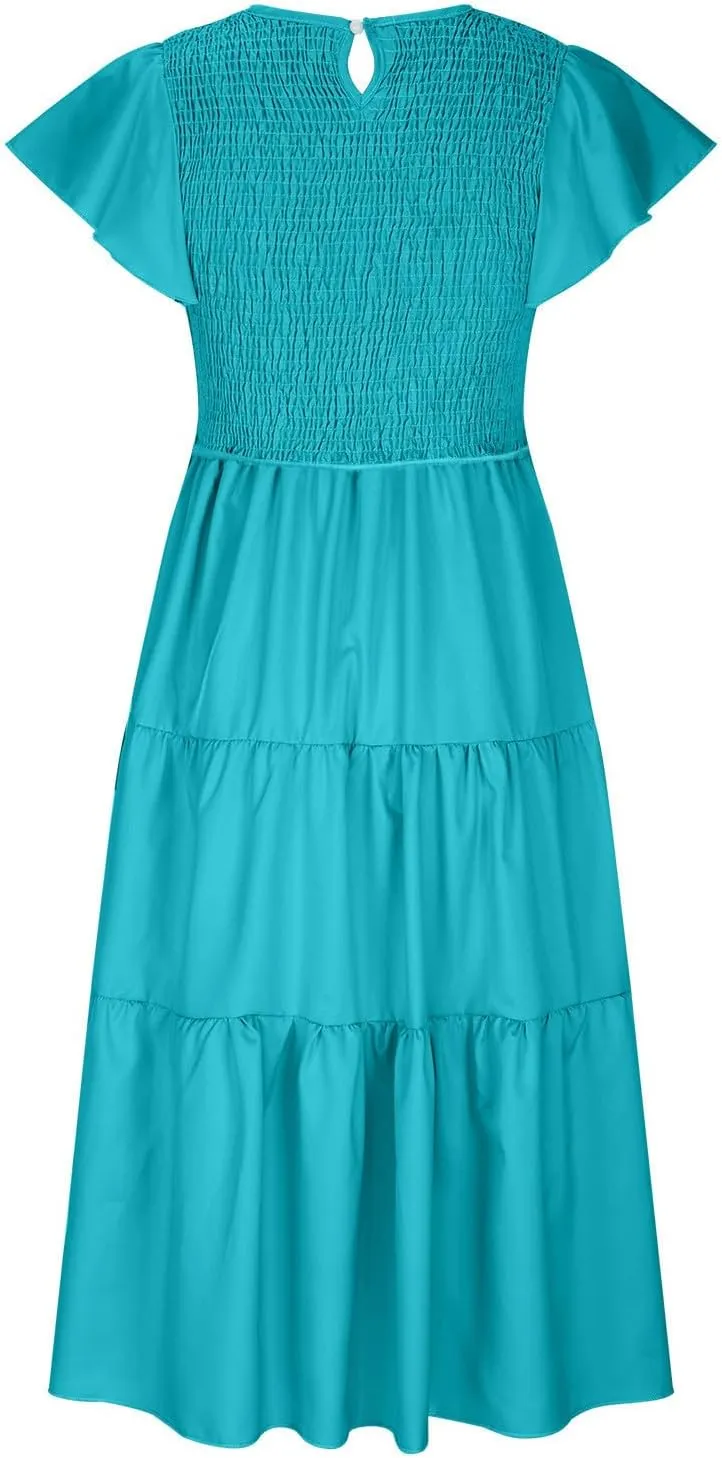 Long Flowy Dress for Women Cap Sleeve Smocked Maxi Dress A Line Wedding Guest Dresses Round Neck Tiered Sundress