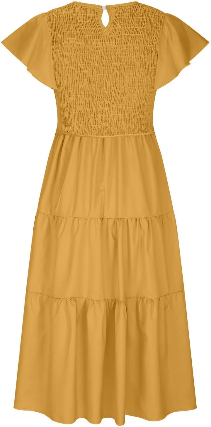 Long Flowy Dress for Women Cap Sleeve Smocked Maxi Dress A Line Wedding Guest Dresses Round Neck Tiered Sundress