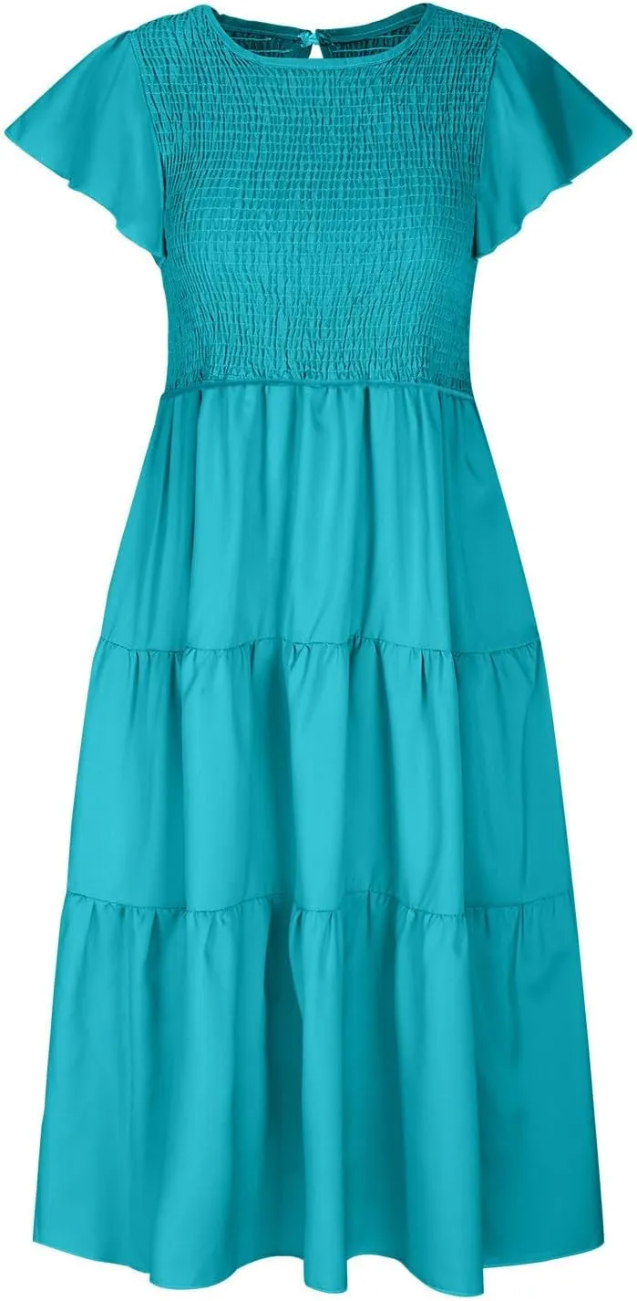 Long Flowy Dress for Women Cap Sleeve Smocked Maxi Dress A Line Wedding Guest Dresses Round Neck Tiered Sundress