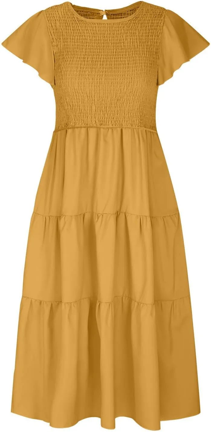 Long Flowy Dress for Women Cap Sleeve Smocked Maxi Dress A Line Wedding Guest Dresses Round Neck Tiered Sundress
