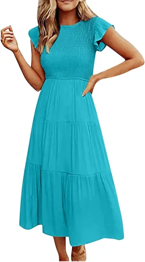 Long Flowy Dress for Women Cap Sleeve Smocked Maxi Dress A Line Wedding Guest Dresses Round Neck Tiered Sundress