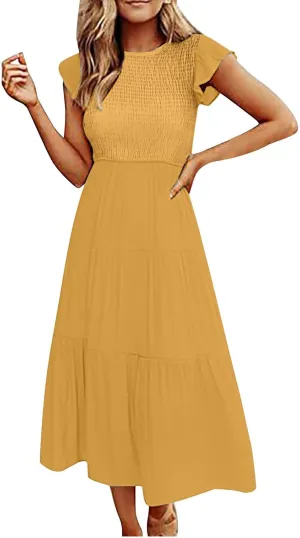 Long Flowy Dress for Women Cap Sleeve Smocked Maxi Dress A Line Wedding Guest Dresses Round Neck Tiered Sundress