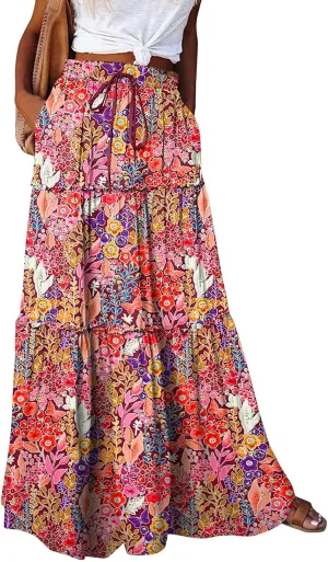 Long Skirts for Women Boho Floral High Waisted Casual A Line Skirt Pleated Beach Flowy Swing Maxi Skirts