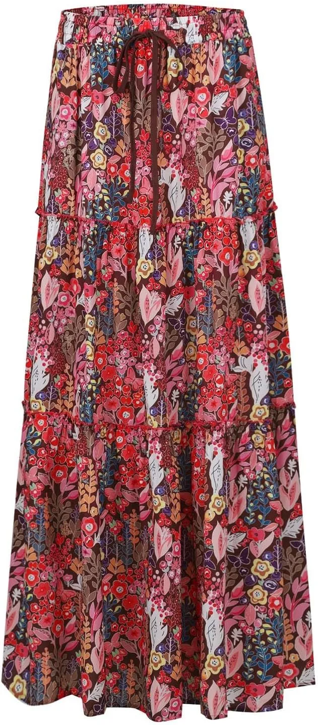 Long Skirts for Women Boho Floral High Waisted Casual A Line Skirt Pleated Beach Flowy Swing Maxi Skirts