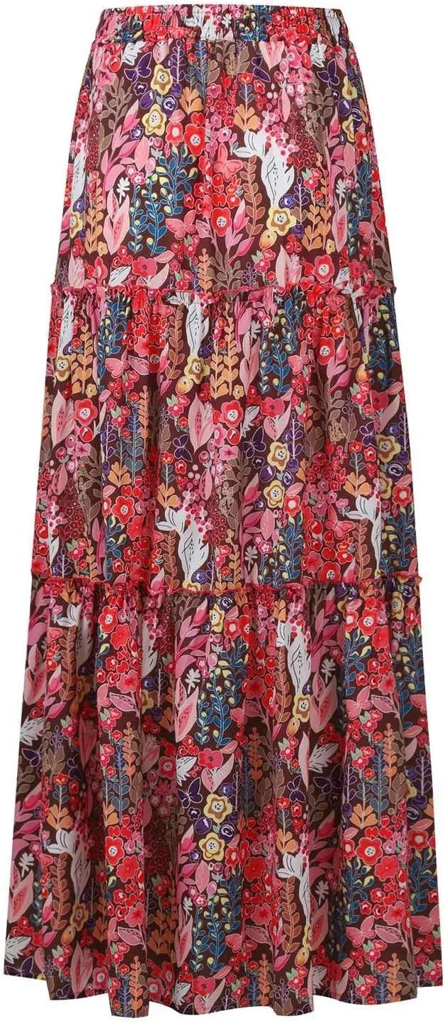 Long Skirts for Women Boho Floral High Waisted Casual A Line Skirt Pleated Beach Flowy Swing Maxi Skirts