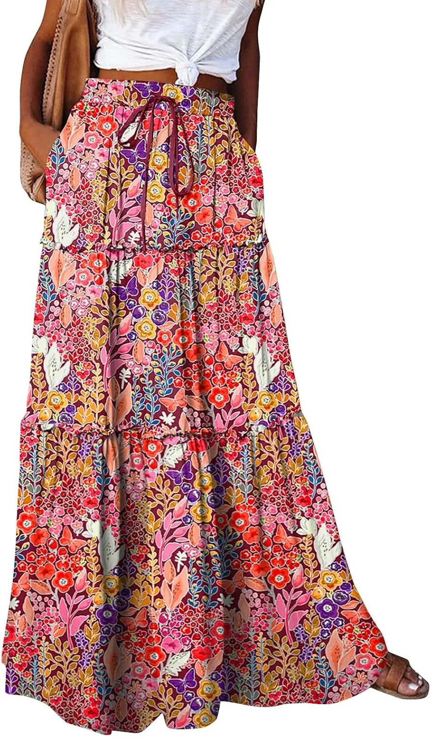 Long Skirts for Women Boho Floral High Waisted Casual A Line Skirt Pleated Beach Flowy Swing Maxi Skirts
