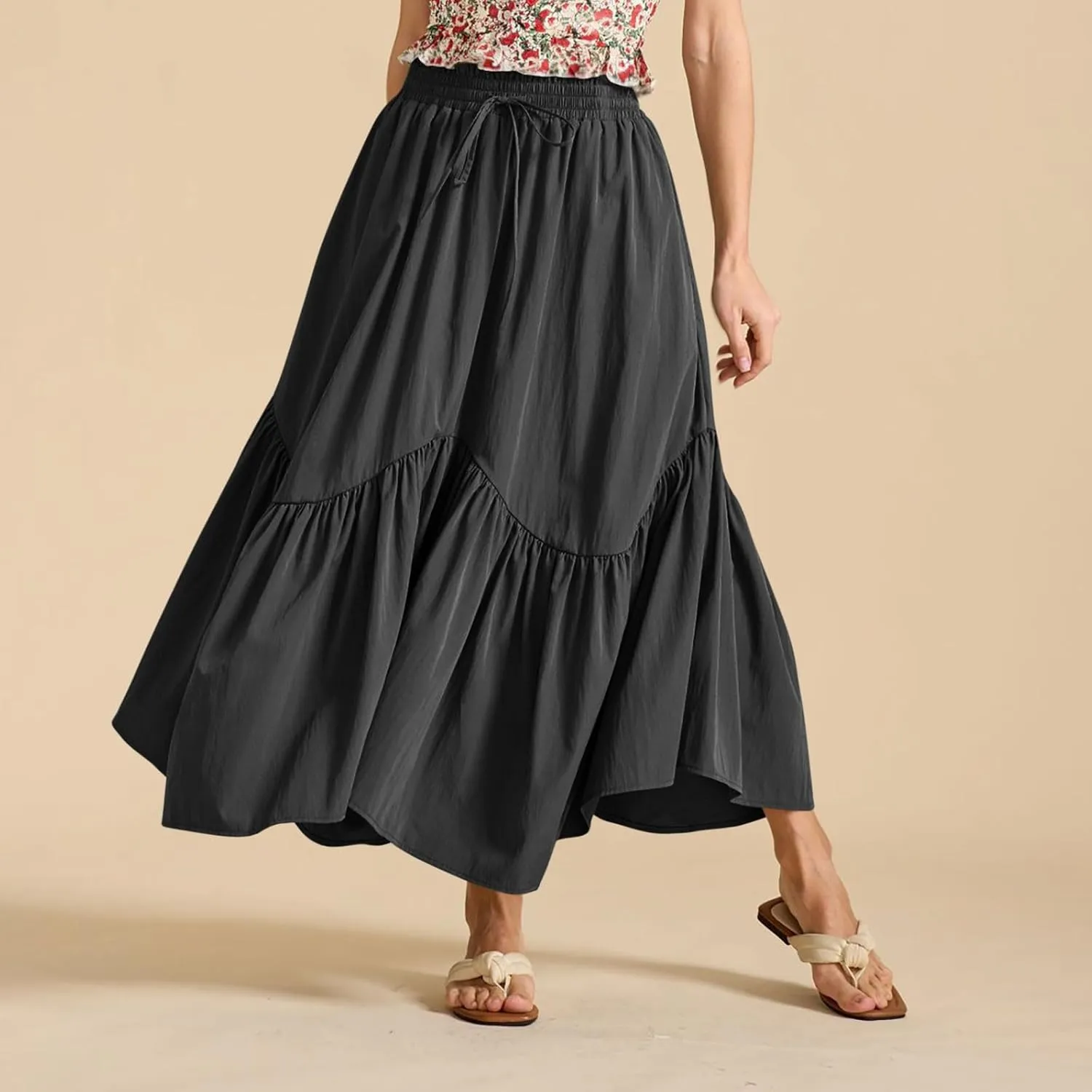 Long Skirts for Women Solid High Waisted Pleated Renaissance Skirt Casual Summer Fashion Flowy Tiered A-Line Skirts