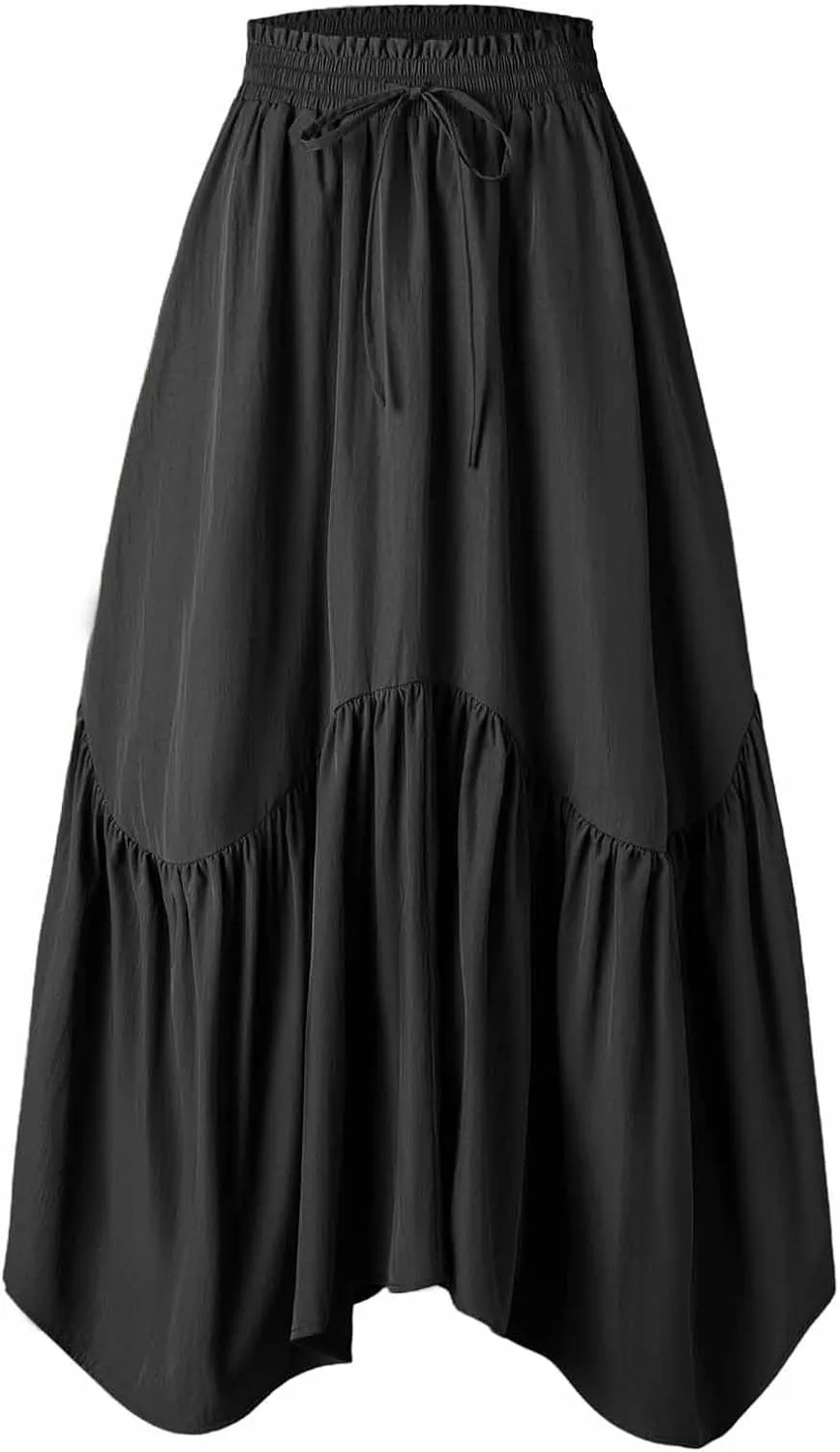 Long Skirts for Women Solid High Waisted Pleated Renaissance Skirt Casual Summer Fashion Flowy Tiered A-Line Skirts