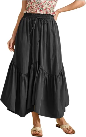 Long Skirts for Women Solid High Waisted Pleated Renaissance Skirt Casual Summer Fashion Flowy Tiered A-Line Skirts