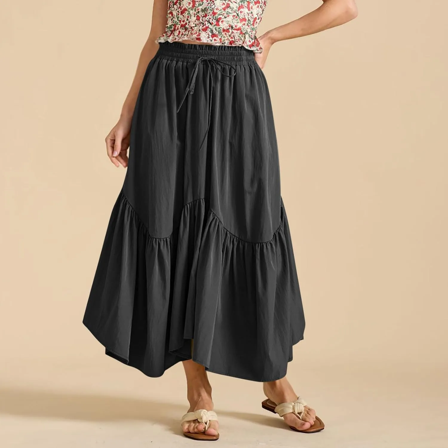 Long Skirts for Women Solid High Waisted Pleated Renaissance Skirt Casual Summer Fashion Flowy Tiered A-Line Skirts