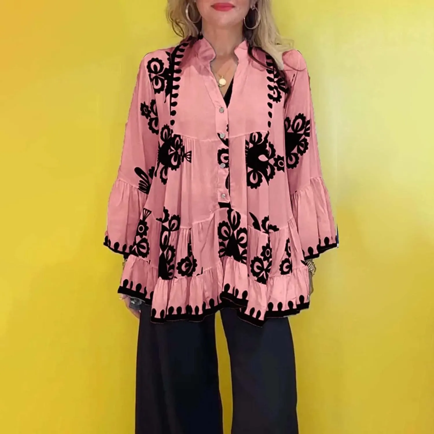 Loose Boho Shirts for Women Fall Stand Collar 3/4 Sleeve Pleated Flowy Button Down Blouse Dressy Vacation Party Tops