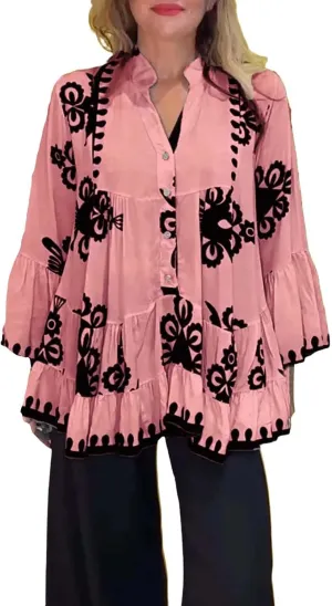 Loose Boho Shirts for Women Fall Stand Collar 3/4 Sleeve Pleated Flowy Button Down Blouse Dressy Vacation Party Tops