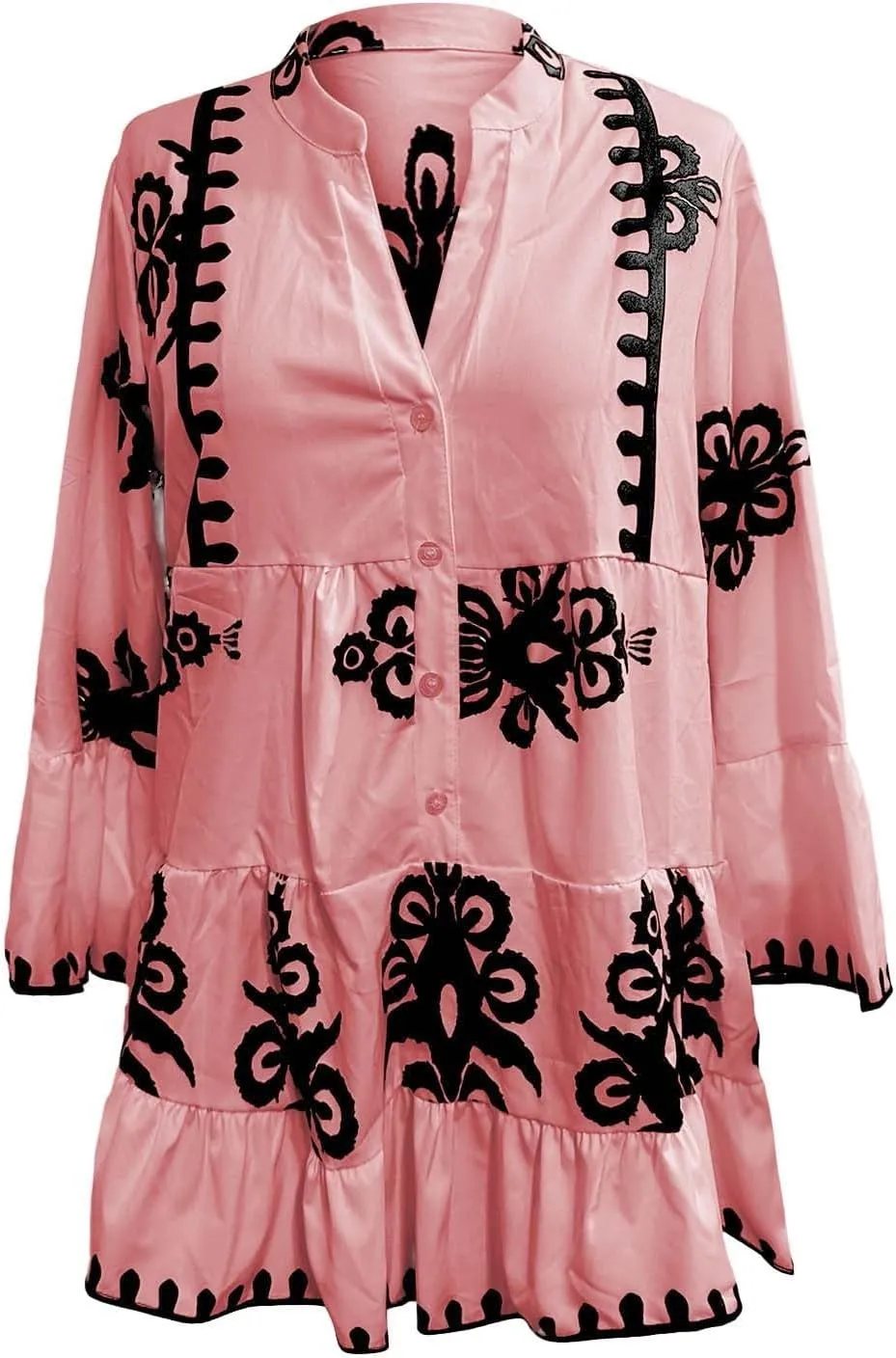 Loose Boho Shirts for Women Fall Stand Collar 3/4 Sleeve Pleated Flowy Button Down Blouse Dressy Vacation Party Tops