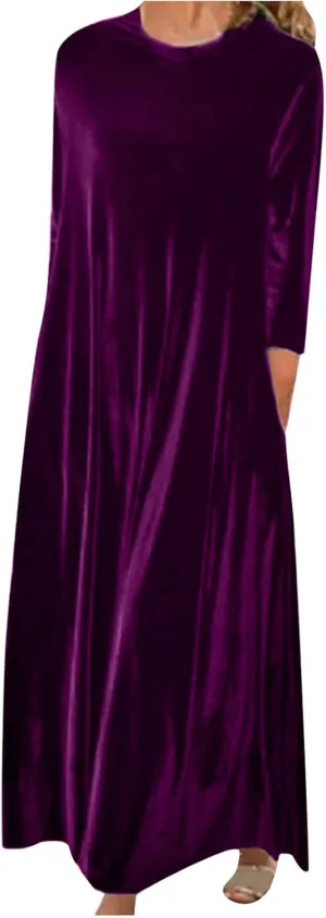 Maxi Dress for Women Long Sleeve Crewneck Loose Casual Fall Dress Trendy Shift Dress Solid Color Long Dresses Purple