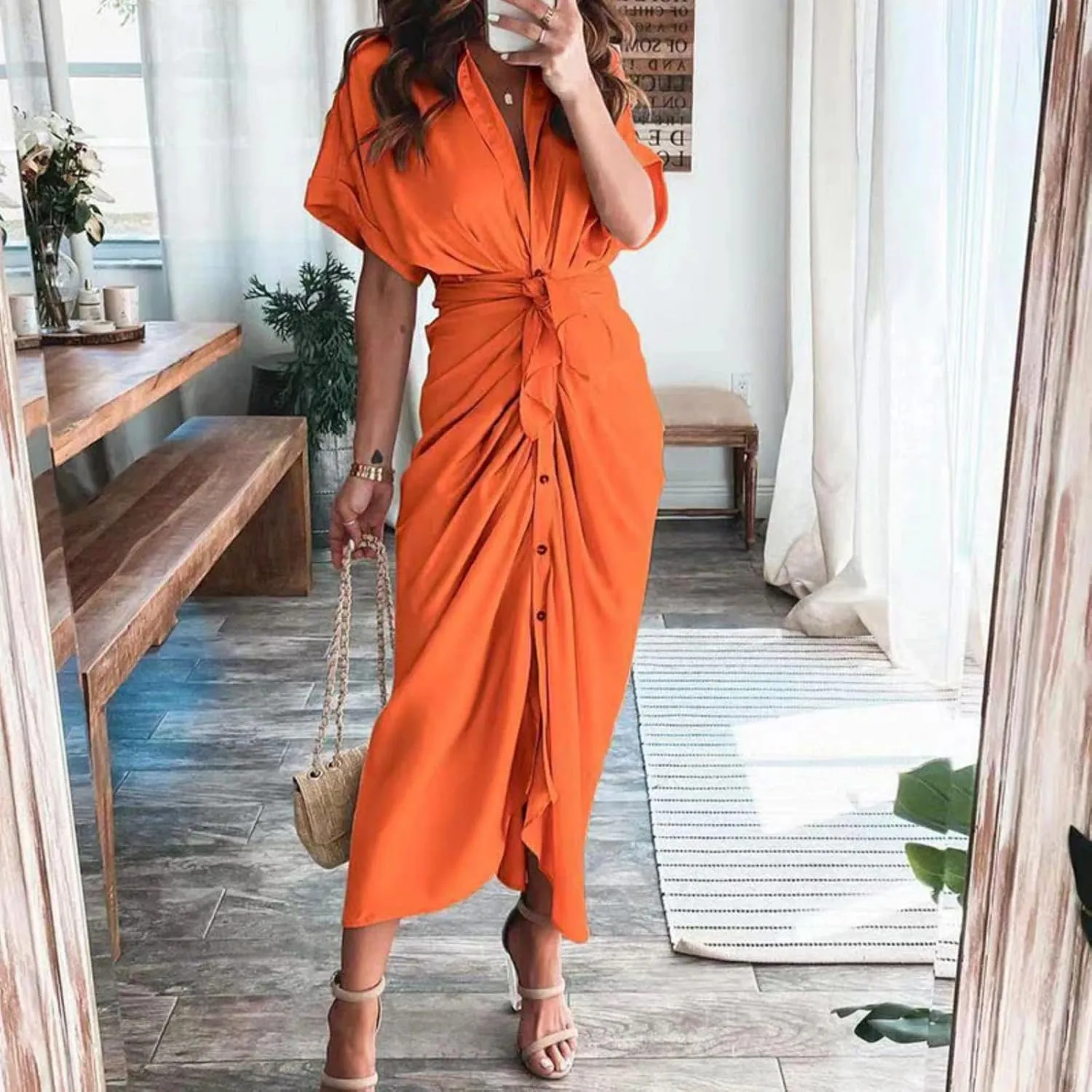Maxi Dress for Women Trendy Button Down Ruched Shirt Dresses Summer Short Sleeve Lapel V Neck Satin Dress with Belt