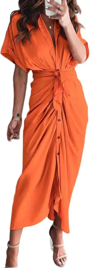 Maxi Dress for Women Trendy Button Down Ruched Shirt Dresses Summer Short Sleeve Lapel V Neck Satin Dress with Belt