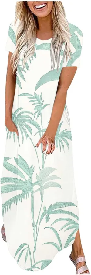 Maxi Dresses for Women 2025 Short Sleeve Casual Flowy Flowy Long Dress Beach Vocation Shift Dress
