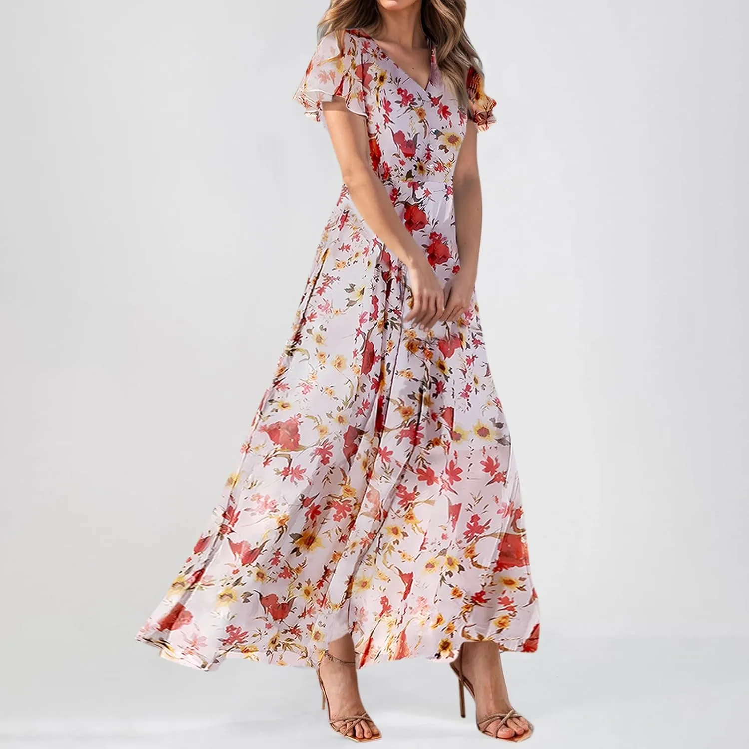 Maxi Dresses for Women 2025,Wedding Guest Spring Summer Dresses for Women Flowy Petite Floral Dress Short Sleeve