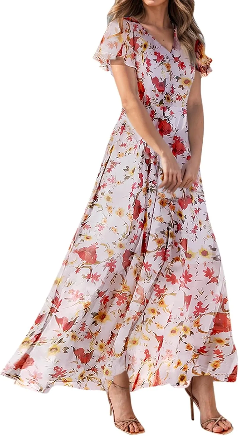 Maxi Dresses for Women 2025,Wedding Guest Spring Summer Dresses for Women Flowy Petite Floral Dress Short Sleeve