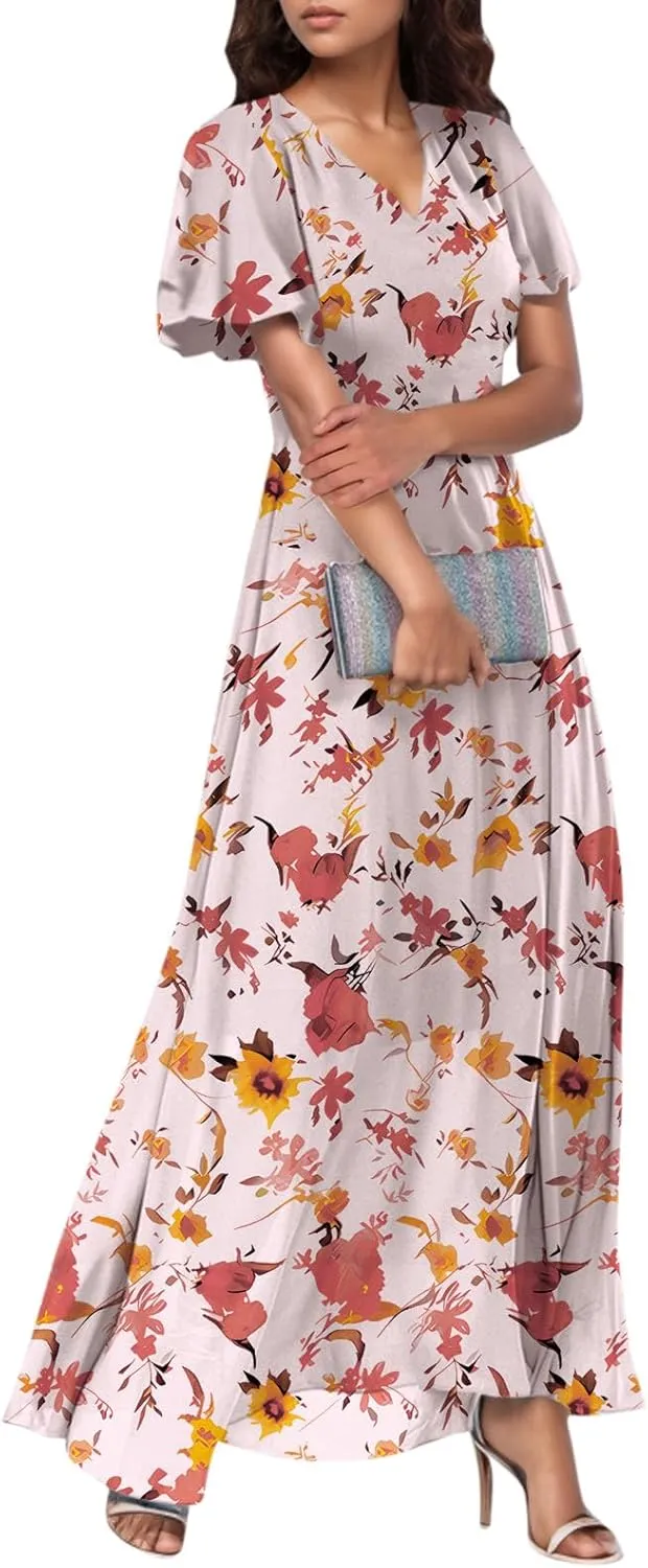 Maxi Dresses for Women 2025,Wedding Guest Spring Summer Dresses for Women Flowy Petite Floral Dress Short Sleeve