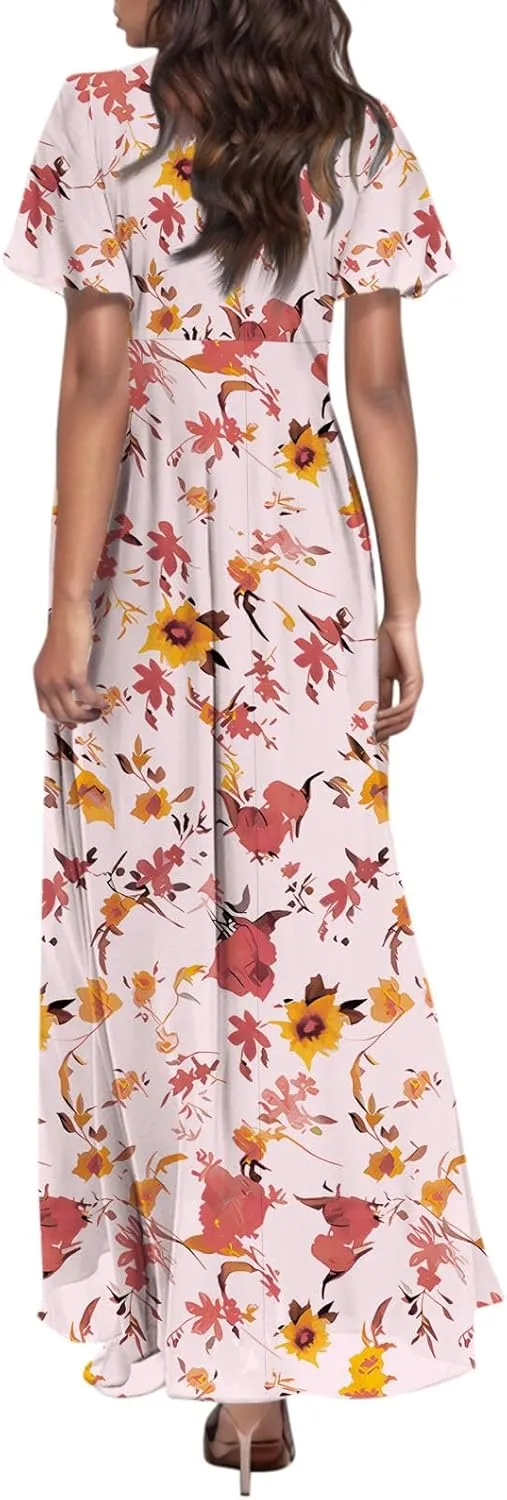 Maxi Dresses for Women 2025,Wedding Guest Spring Summer Dresses for Women Flowy Petite Floral Dress Short Sleeve
