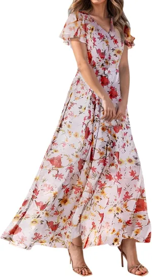 Maxi Dresses for Women 2025,Wedding Guest Spring Summer Dresses for Women Flowy Petite Floral Dress Short Sleeve