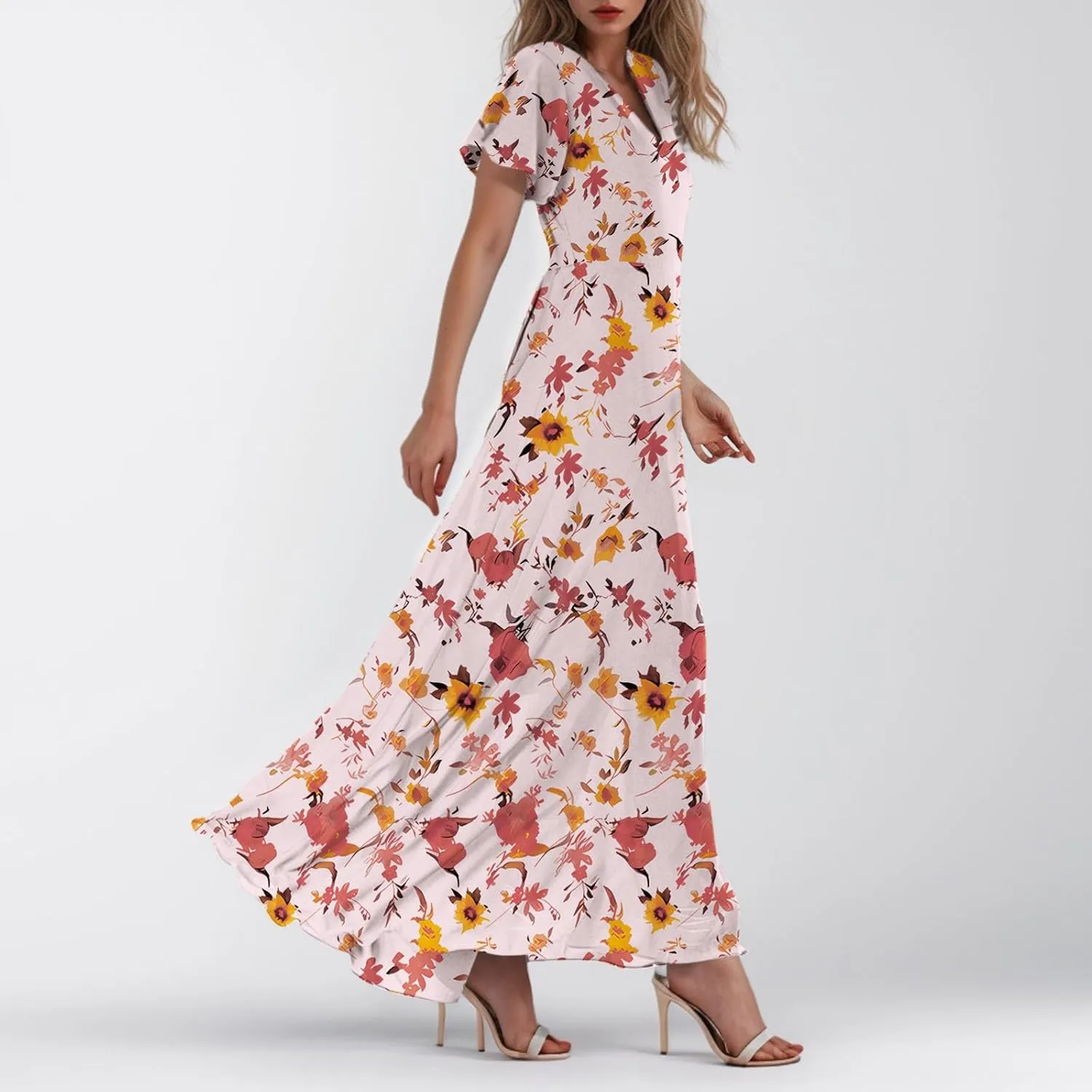 Maxi Dresses for Women 2025,Wedding Guest Spring Summer Dresses for Women Flowy Petite Floral Dress Short Sleeve