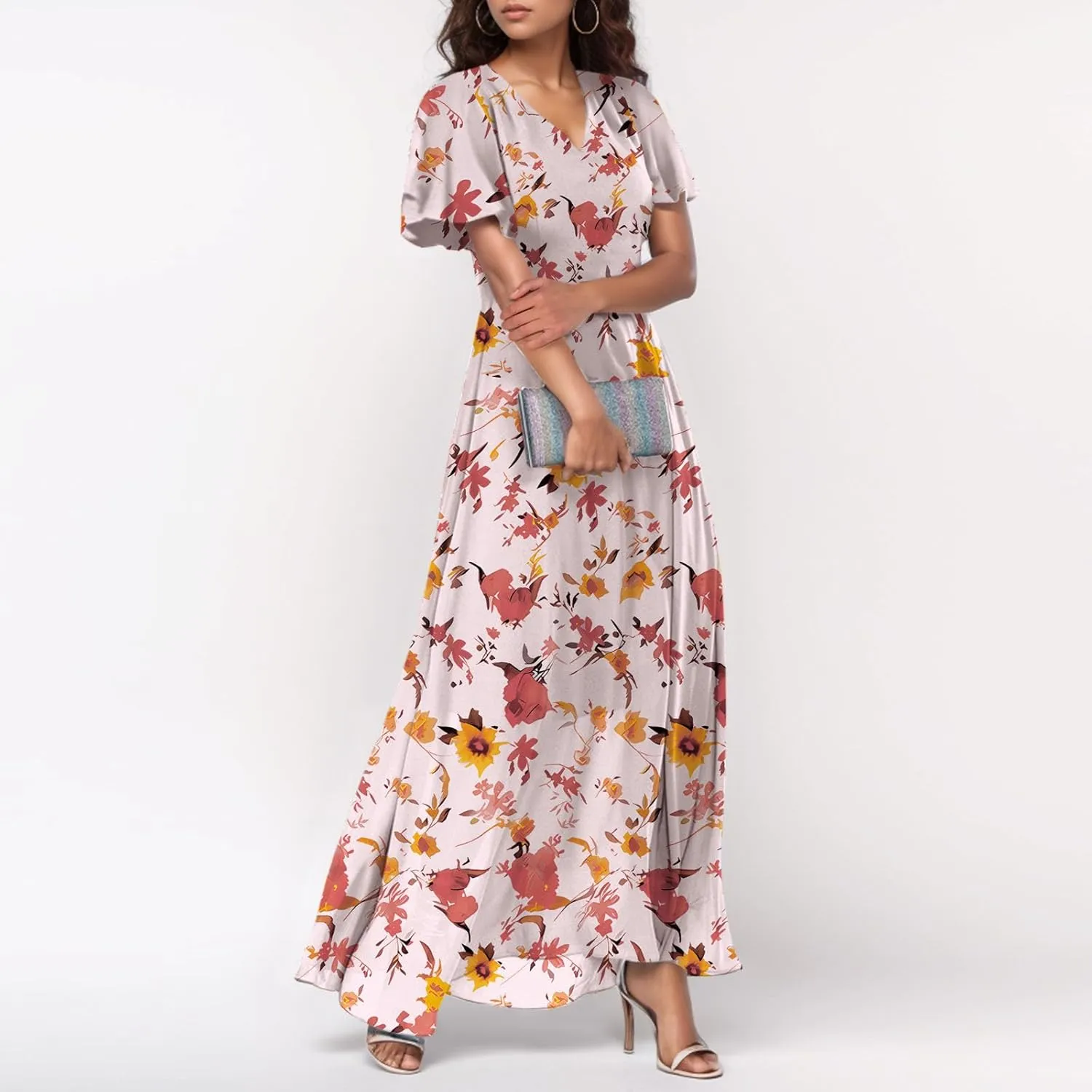 Maxi Dresses for Women 2025,Wedding Guest Spring Summer Dresses for Women Flowy Petite Floral Dress Short Sleeve
