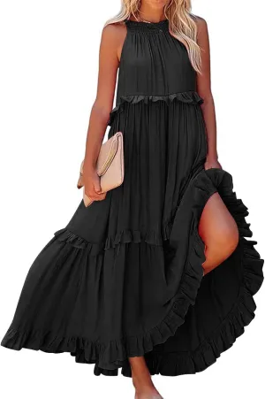 Maxi Long Dresses for Women 2025 Trendy Sleeve Sexy Tiered Flowy Dress Loose Fit Smocked Ruffle Swing Beach Sundresses