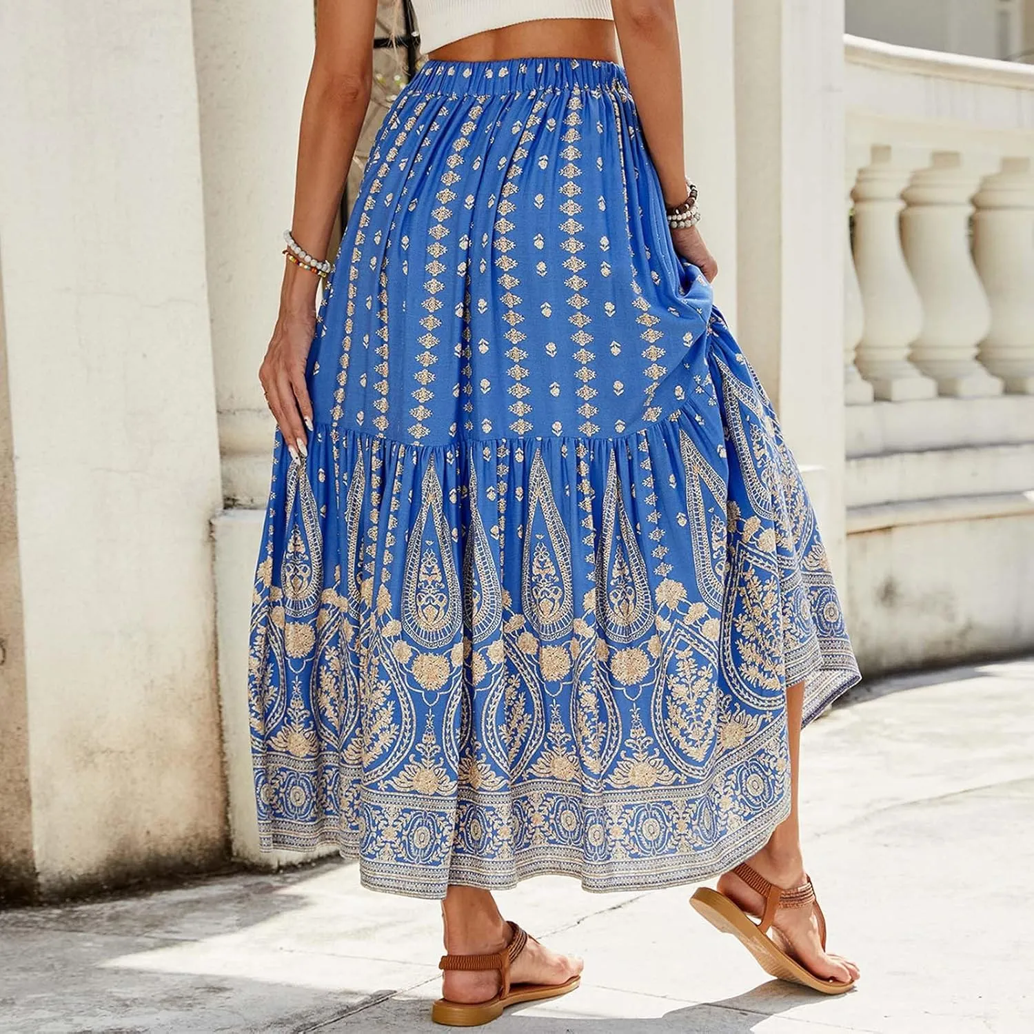 Maxi Skirts for Women Casual High Elastic Waist Bohemian Graphic Boha Floral Print Long Skirts 2025 Summer Vacation