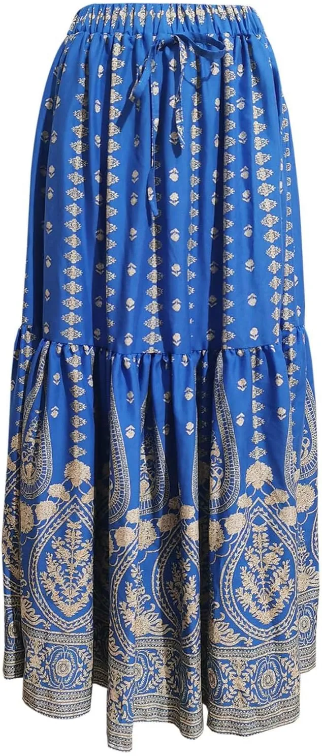 Maxi Skirts for Women Casual High Elastic Waist Bohemian Graphic Boha Floral Print Long Skirts 2025 Summer Vacation