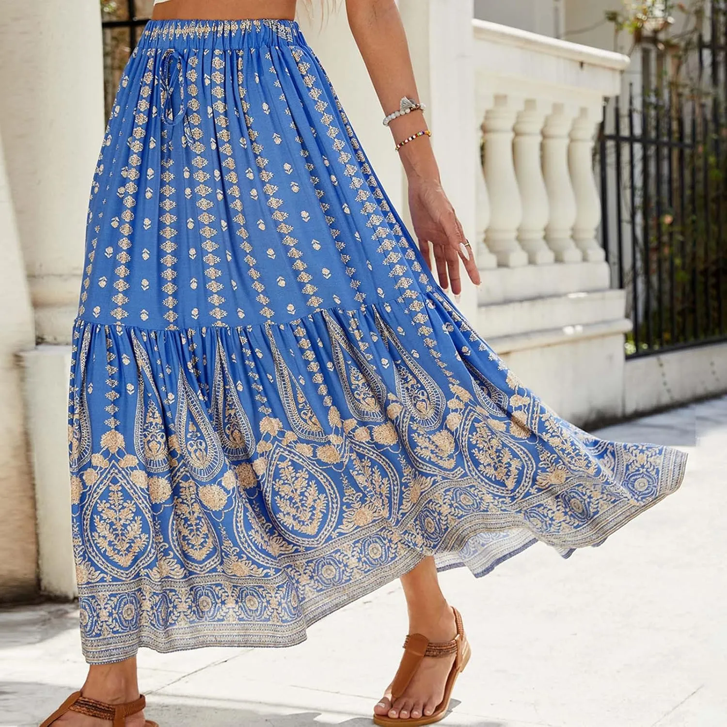 Maxi Skirts for Women Casual High Elastic Waist Bohemian Graphic Boha Floral Print Long Skirts 2025 Summer Vacation