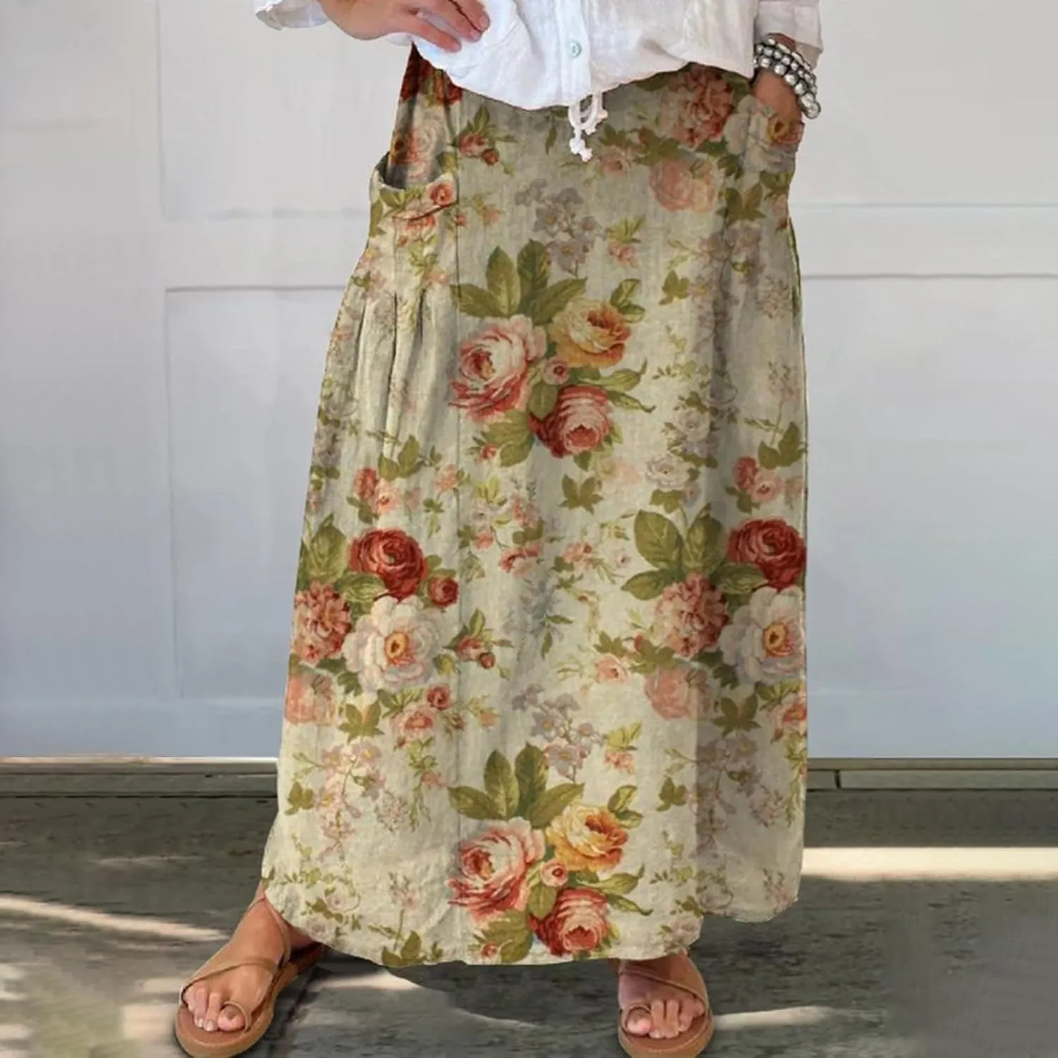 Maxi Skirts for Women Floral Print Elastic Waist Bohemian Hippie Long Skirt Vintage Boho Beach Skirts with Pockets