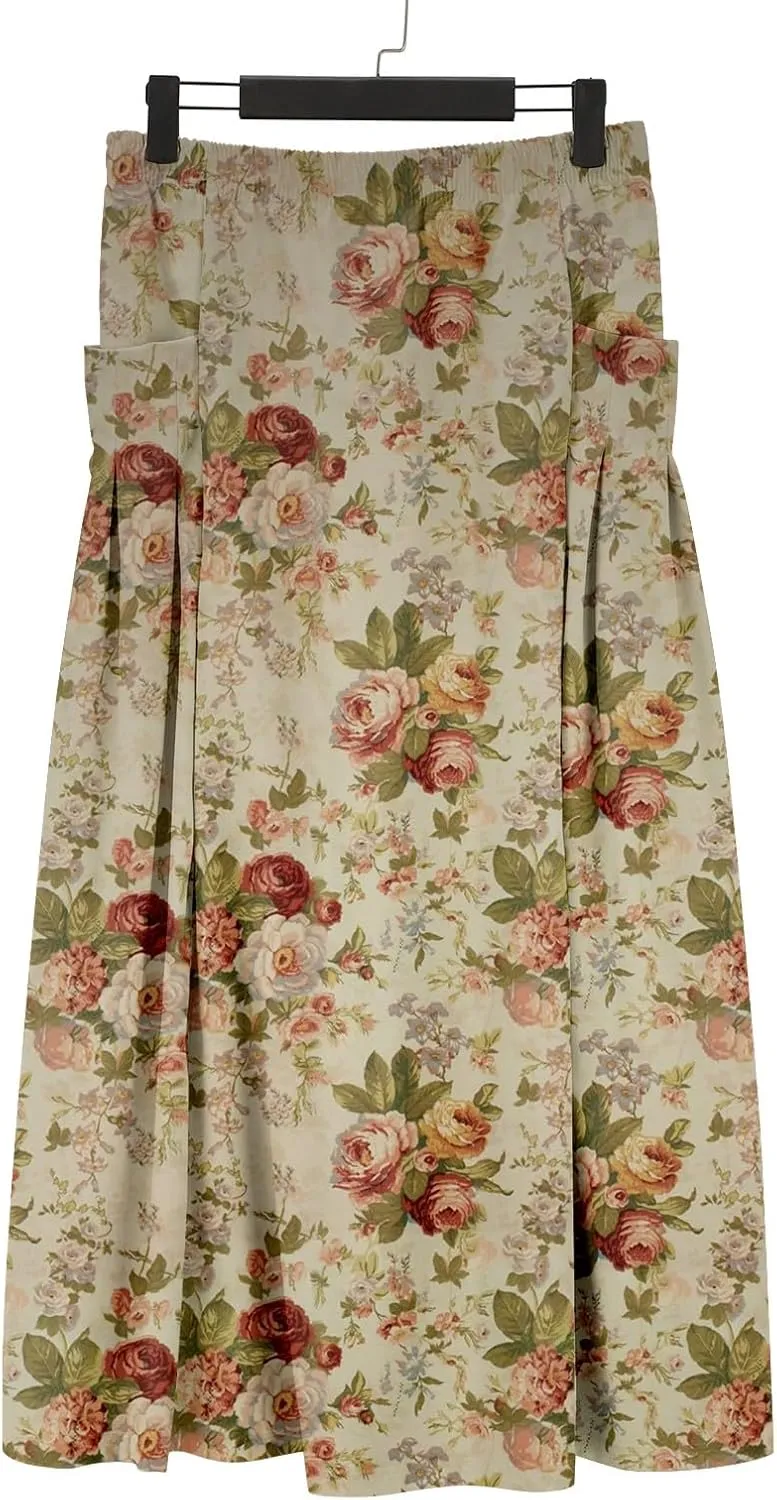 Maxi Skirts for Women Floral Print Elastic Waist Bohemian Hippie Long Skirt Vintage Boho Beach Skirts with Pockets