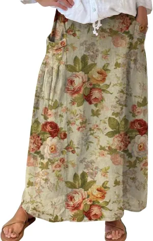 Maxi Skirts for Women Floral Print Elastic Waist Bohemian Hippie Long Skirt Vintage Boho Beach Skirts with Pockets